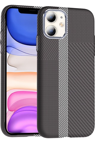 Apple Uyumlu iPhone 11 Kılıf M-safe Şarj Özellikli Karbon Fiber Görünümlü Zore Gros Kapak Gri-Siyah