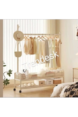 Metal Krem 2 Raflı Raflı Konfeksiyon Askılığı Ayaklı Elbise Askılığı 176cm Krem