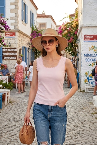 Lela Slim Fit Kalın Askılı Dantelli Kare Yaka Bürümcük Bayan Atlet 5864979 Toz Pembe