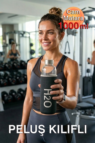 H2o Siyah Peluş Kılıflı Cam Matara 1000ml