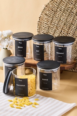 Laura 6'lı Siyah Ahşap Kapak Cam Kavanoz 750 Ml 10x10 Cm 16 Adet Etiket Hediyeli Seffaf Şeffaf