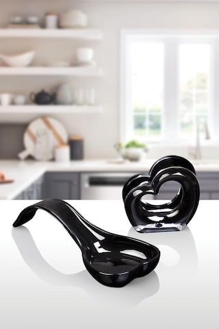 Okyanus Home Çift Baskı Kepçe Kaşık Altlığı Ve Peçetelik Siyah Siyah