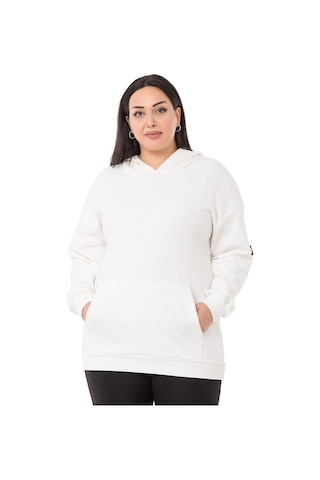 Büyük Beden Sırtında Yazı Detaylı Kapüşonlu Kanguru Cepli Üç İplik Beyaz Sweatshirt-beyaz Beyaz