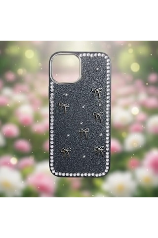 Apple Uyumlu iPhone 15 Fiyonk Figürlü Simli İnci Taşlı Lüx Silikon Kılıf Siyah