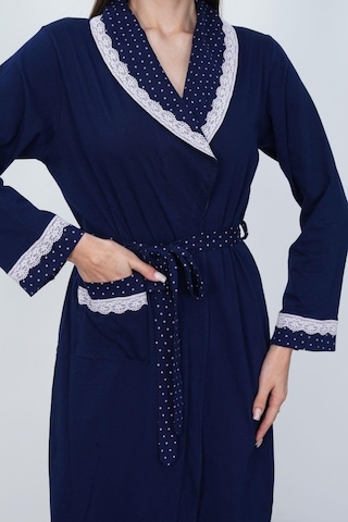 Mecit Pijama Mecit 6390 Lacivert Kadın Pamuklu Büyük Beden Uzun Sabahlık