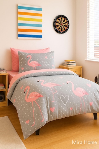 Flamingo Desenli Pamuklu Tek Kişilik Nevresim Takımı Pembe-gri