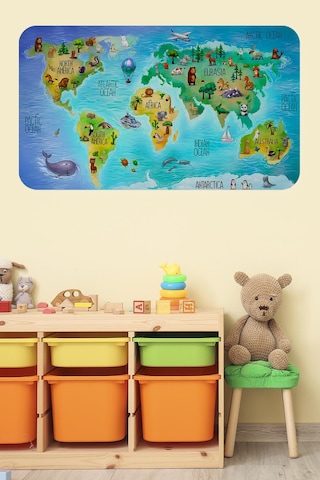 Eğitici Dünya Haritası Dünya Atlası Çocuk Ve Bebek Odası Duvar Sticker -60x105-3800 - Renkli Çok Renkli