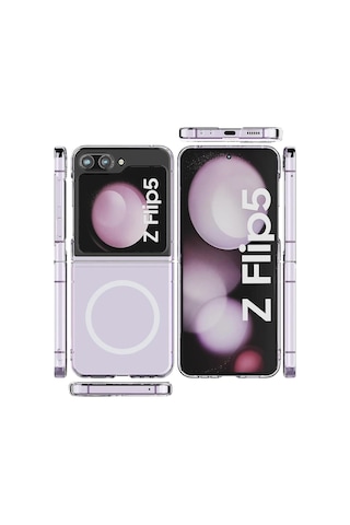 Newface - 599 - Samsung Galaxy Uyumlu Z Flip 5 Kılıf Magneticsafe Şeffaf Silikon - Spt-gld - - Şeffaf