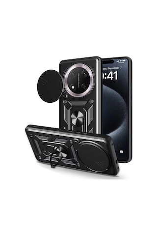Honor Magic 7 Lite Kılıf Magnetik Standlı Kamera Korumalı Zore Sürgülü Vega Kapak Siyah