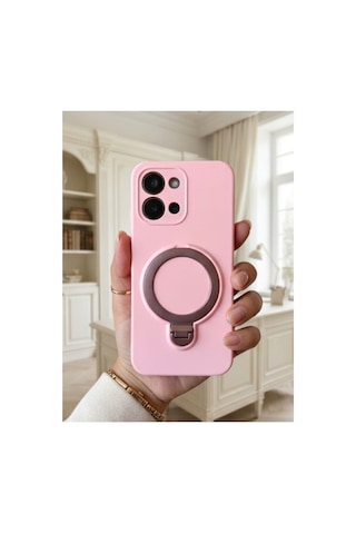 Oppo A6 Pro İle Uyumlu 360 Derece Dönebilen Kalın Metal Magsafe Halka Stantlı İçi Kadife Korumalı Ultra Lüx Premium Silikon Kılıf Pembe