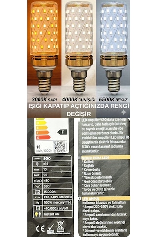 10 Adet Heka 10w 70w Sarı-günışığı-beyaz E14 Duylu Üç Renkli Led Mısır Ampul