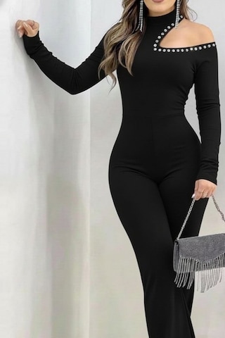 S-pazarım Kadın Tek Omuzdan Açık Balıkçı Yaka Taş Detaylı Uzun Ithal Krep Tulum Siyah