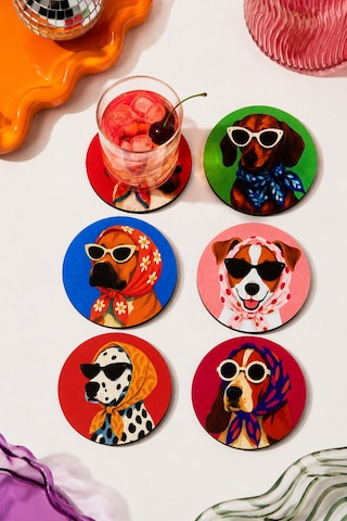 Köpek Desenli Bardak Altlığı 6 Lı Set Pop Art Tasarım, 9 Cm Mdf, Uv Dijital Baskı Çok Renkli