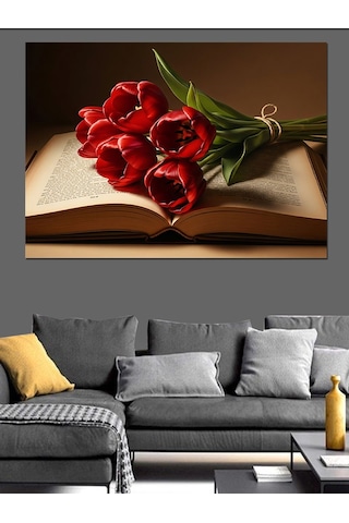 Kitap Üzerinde Kırmızı Gül Buketi Dekoratif Kanvas - Mdf Ahşap Tablo