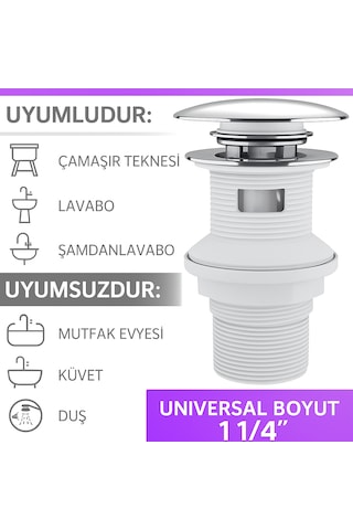 Pop-up Lavabo Sifonu Taşmalı Paslanmaz Metal Başlık, Plastik Gö