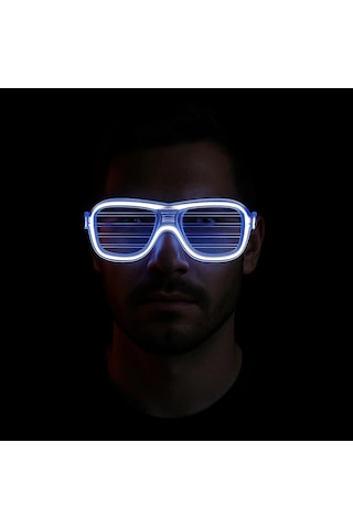 Buğz Beyaz Led Işıklı Parti Gözlüğü - Neon Glow Şerit Gözlük 3 Modlu