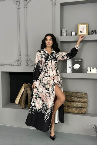 Neşeli Butik Kadın Siyah Çiçek Desenli İthal Kumaş Tam Düğmeli Kemerli Tasarım Elbise Nbms25115 Siyah
