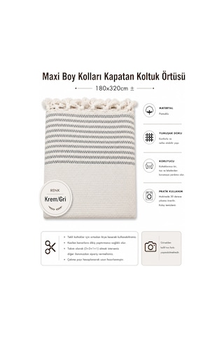 Pamuklu Kaymaz Hasır Dokuma Maxi Boy Kolları Örten Koltuk Örtüsü 180x310 - Kreme Gri