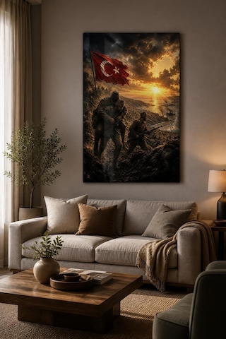 Çanakkale Savaşı Temalı Baskılı Cam Tablo Türk Bayraklı Uv Baskı Duvar Tablosu