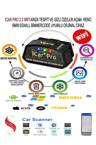 Vgate İcar Pro 2.3v Wifi Bandrollü Arıza Tespit Gizli Özellik Açma Cihazı Ddt4all-forscan-carista