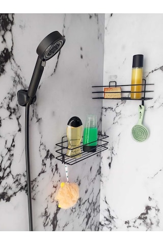Yapışkanlı Kancalı 2 Adet Banyo Rafı Duş Başlığı Duş Seti Siyah