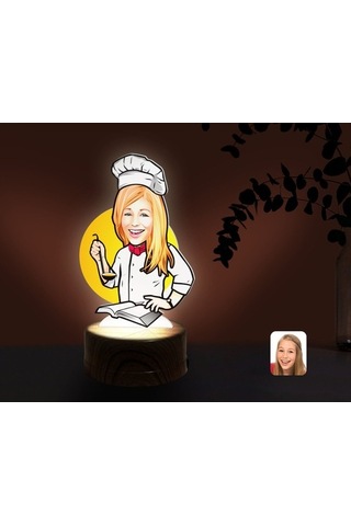 Kişiye Özel Kadın Chef Karikatürlü Dekoratif 3D Biblo Led Işıklı (481501219)