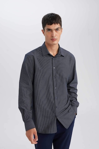 DeFacto Modern Fit Modern Kesim Poplin Desenli Pamuk Karışımlı Uzun Kollu Gömlek D3377AX24AUNV82 Lacivert