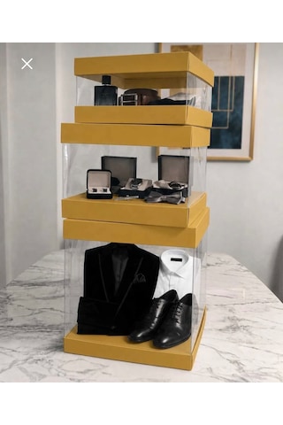 Asetat Gelin&damat Çeyiz Bohça Kutusu Hardal Sarısı 3'lü Set 1 Takım Şeffaf Katlanabilir Demonte Söz Nişan Hediyelik Ölçüler Büyük Boy:33 33 40cm Orta Boy: 33 33 25cm Küçük Boy: 33 33 15cm