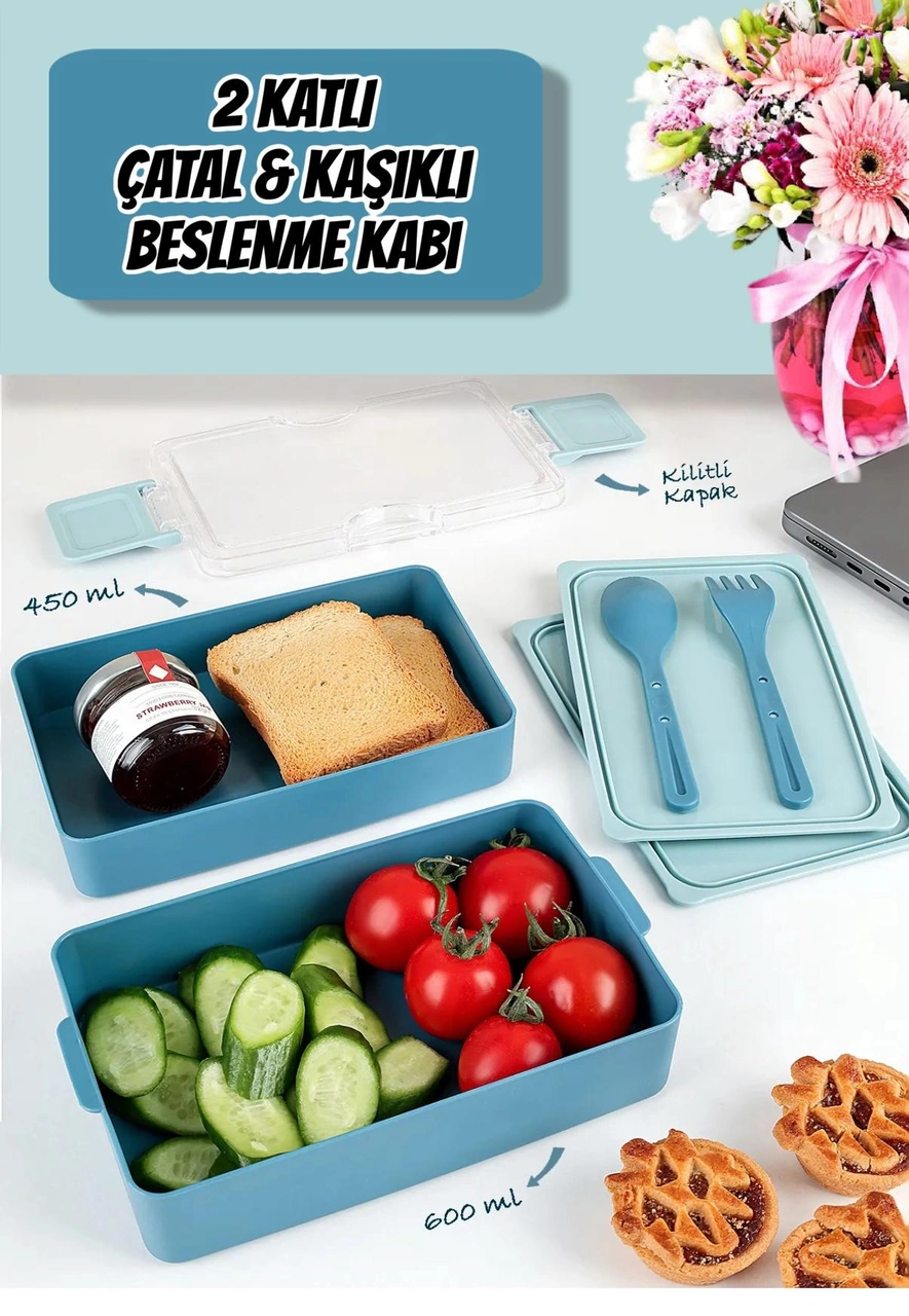 Dikdörtgen İki Katlı Lunch Box Mavi Renk Beslenme Kutusu Saklama Kutusu Mavi
