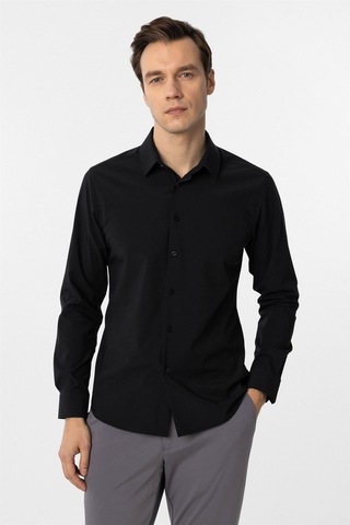 Süvari Siyah Slim Fit Düz Klasik Yaka Gömlek-34101 Siyah