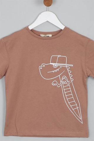Luess Dinazor Baskılı Regular Fit Kısa Kollu Erkek Çocuk Tişört Kahverengi