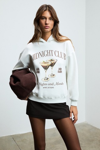 ETHIQUET UKKIS Kadın Yumuşak Kumaşlı Nakışlı Kapüşonlu Ekru Sweatshirt