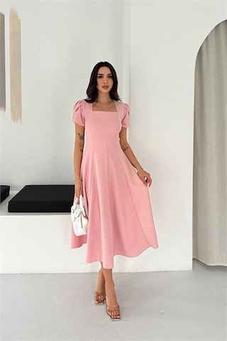 Neşeli Butik Kadın Pembe Kare Yaka Balon Kol Midi Boy Elbise Nbk4550 Pembe