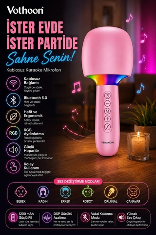 Çocuk Ve Yetişkin Karaoke Mikrofonu Kablosuz Rgb Ambiyans Işığı Ses Değiştirme Modlu Hoparlör - 100