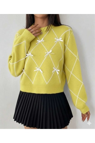 Sayzen Your Shine Baklava Desenli Kurdele/fiyonk Detayli Triko Kazak Sy-001kzk-gri Sarı