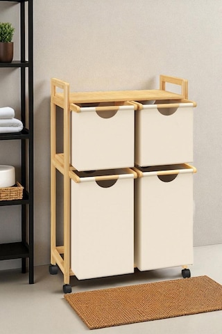 Bambu 4 Bölmeli Kirli Sepetli Çamaşır Sepeti Raflı Banyo Düzenleyici Db-0018 Kahverengi