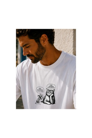 Qmen Style Unisex Beyaz Oversize Baskılı T-shirt Espirili Kedi Baskılı %100 Pamuk