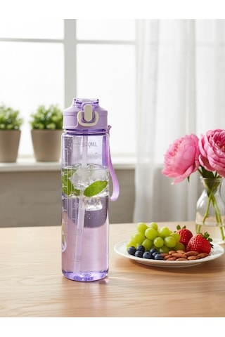 Mor, Şeffaf Pipetli Matara 900 Ml, Sızdırmaz Kapaklı Suluk