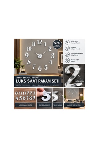 Lüks Saat Rakam Seti Gold, Gümüş Pleksi & Ahşap Modellere Özel - 3 Cm Ve 5 Cm Kendin Yap Saat Rakamları 6'lı Set