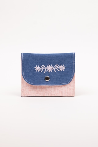 Fabric Craft Bag Kadın Cüzdanı Denim Kumaş Çiçek Nakışlı Çift Bölmeli 13x11 Cm Mavi - Pembe