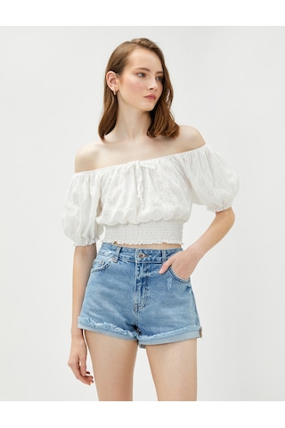 Koton Crop Bluz Fisto Gipeli Omzu Açık Beyaz 3sak70022ek Beyaz