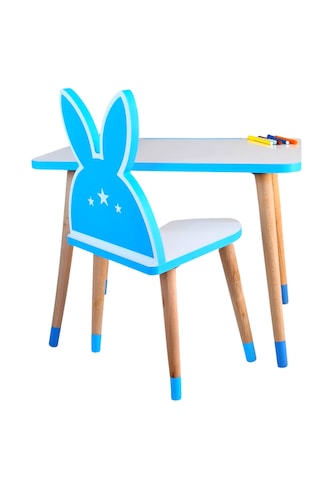 Çocuk Ders Çalışma Masa Ve Sandalye Takımı 2-6 Yaş Mavi Tavşanlı
