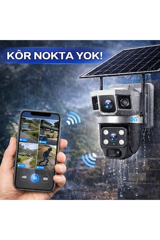4g 1 Yıl 60 Gb Sım Kartlı Güneş Enerjili 3 Kameralı 360 Döner Güvenlik Kamerası Bahçe Arazi