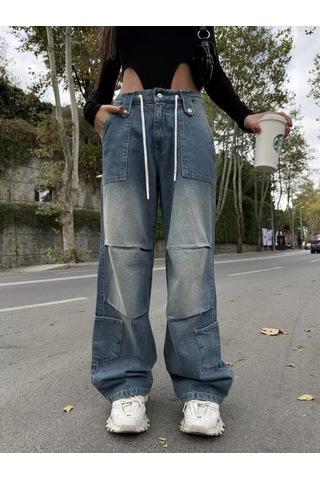 Paradise Venedik Bağcıklı Oversize Cargo Jean - Vintage Mavi Çok Renkli
