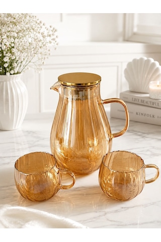Qerhome Isıya Dayanıklı Amber Borosilikat Cam Sürahi Seti-1800 Ml Sürahi 2 Adet Kulplu Bardak Takımı Dr