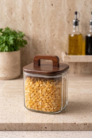 Atbyhome Akasya Saplı Cam Kavanoz 700 Ml - Vakumlu Çizgili Cam Baharatlık Kahve Ve Bakliyat Kabı Kahverengi