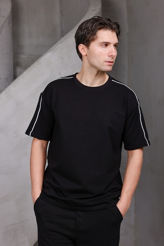 Erkek Şeritli Oversize Bisiklet Yaka 2 İki İplik Kompakt T-shirt Siyah