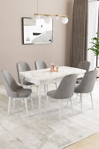 Sar Pakete Almira Serisi, Beyaz Mermer Desen 80x132 Açılabilir Mdf Mutfak Masası Takımı 6 Adet Sandalye Gri