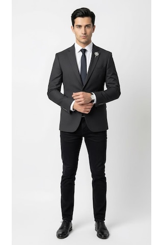 Plus Scorpion Erkek Blazer Ceket Twill Dokuma Likralı Notch Yaka 1 Düğmeli Çift Yırtmaçlı Slim Fit Siyah