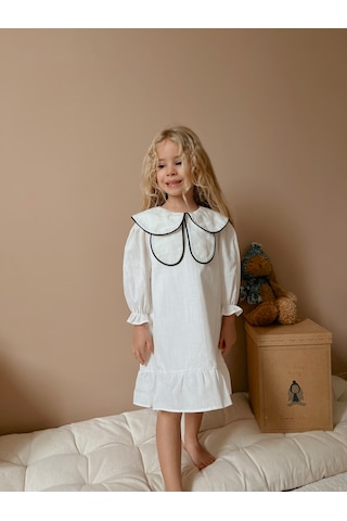 Linola Baby Kids Celine Kelebek Yaka Keten Elbise Ekru